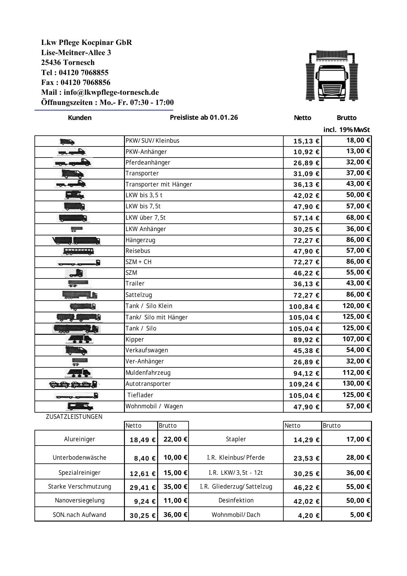 Preisliste LKW Pflege Tornesch